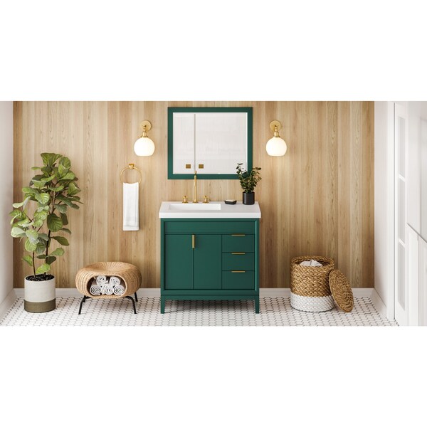 Jeffrey Alexander 36In. Forest Grn Theodora Vanity, Left Offset, Lavante Cultured Marble Vessel Vnty Top, Intgrtd Bowl VKITTHE36GNLAR - main